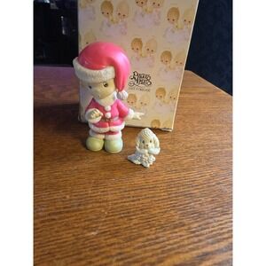 1995 Precious Moments Boy in Santa's Clothing w Dog Christmas Figurine